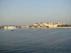 View of the Udaipur palace and lake palace from the lake